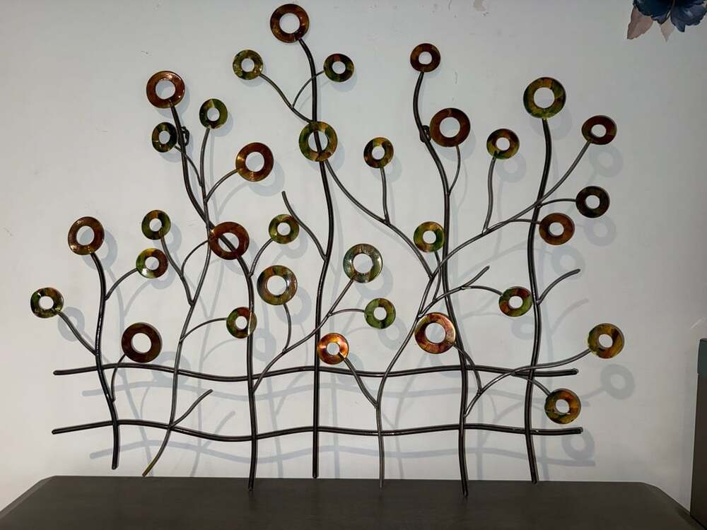 Contemporary Abstract Metal Wall Art Sculpture with Floating Multicolor Rings an